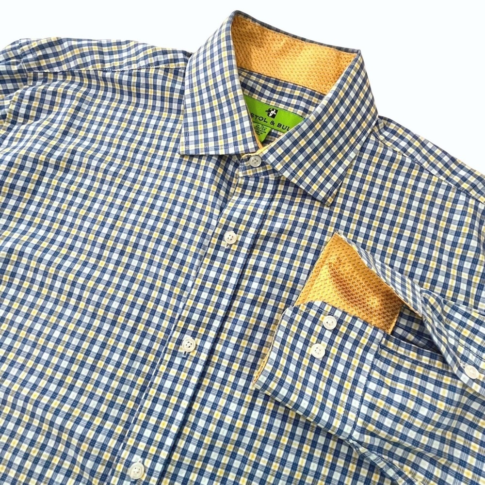Bristol & Bull Mens Shirt L 16-16.5  Blue Yellow Plaid Contrast Flip Cuff Cotton
